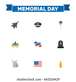 Flat Tomb, Ribbon, Memorial Day And Other Vector Elements. Set Of Memorial Flat Symbols Also Includes Memorial, Hat, Wax Objects.