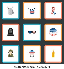 Flat Tomb, Spectacles, Usa Badge And Other Vector Elements. Set Of Day Flat Symbols Also Includes Grave, Rip, Spectacles Objects.