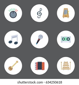 Flat Tone Symbols, Banjo, Harmonica And Other Vector Elements. Set Of Audio Flat Symbols Also Includes String, Banjo, Metronome Objects.