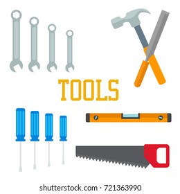 Flat tools. Hammer, screwdriver saw chisel, wrench with lettering Instrument