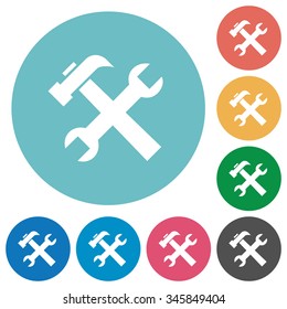 Flat tools icon set on round color background. 8 color variations included with light teme.
