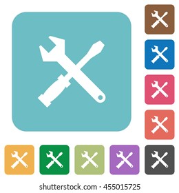 Flat tools icons on rounded square color backgrounds.
