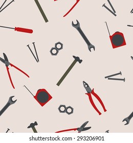 Flat tools seamless pattern. Screwdriver, turnscrew, spanner wrench, pliers, nuts, nails, bolts, hammer, tape measure icons
