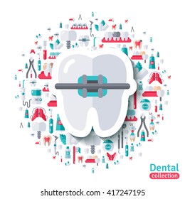 Flat Tooth in Braces Sticker Icon. Vector illustration. Care, Orthodontics and Dentistry symbols. 