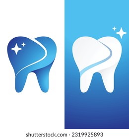 Flat tooth silhouette with shine star for dental company logo blue and white colors