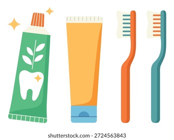 Tubo plano de pasta de dente com folha e dente espumante ao lado de escovas de dentes e um tubo vazio dental