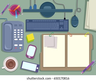 Flat and Top Illustration of Notes, Folder, Keyboard, Monitor, Pens, Phone, Coffee and Mobile