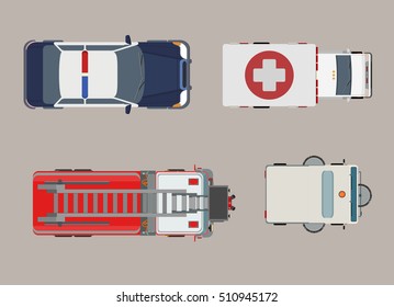 Flat Top View Police, Ambulance, Fire Engine Auto Vector Illustration Set. City Vehicle Service And Specialized Transport Collection.