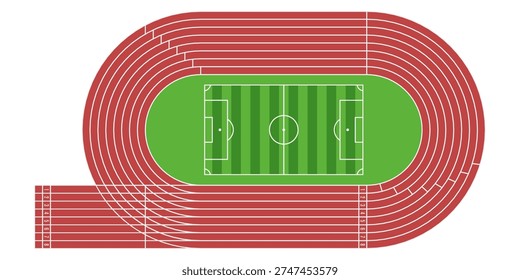 Flat top view running track with soccer field stadium. Clean vector illustration isolated on white background, perfect for sports design, infographic, and athletic themes.