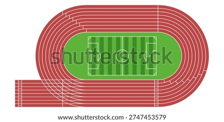 Flat top view running track with soccer field stadium. Clean vector illustration isolated on white background, perfect for sports design, infographic, and athletic themes.