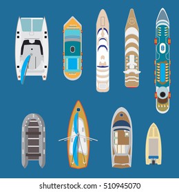 Flat Top view yachts and boats on blue water background vector illustration set. Marine nautical transport concept.