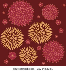 Flacher Blumenvektor in Draufsicht mit geometrischen Blütenblättern, mit Chrysantheme, Pflaumenblüte und Pfirsichblüte. Gestylt in Rot und Gold für ein modernes und doch traditionelles Mond-Neujahrs- und Frühlingsfest