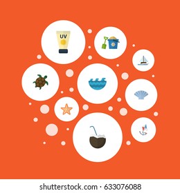 Flat Tortoise, Shovel, Sailboard And Other Vector Elements. Set Of Beach Flat Symbols Also Includes Tortoise, Sea, Sunscreen Objects.