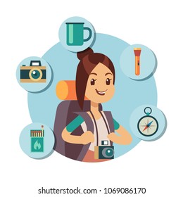 Flat tourist character with tourism accessories. Travel infographic icons. Tourism summer, girl adventure with backpack, hiking and journey. Vector illustration