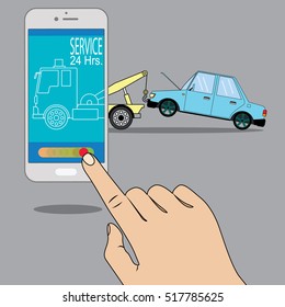 Flat tow truck on smartphone online mobile emergency automobile repair service assistance app concept.