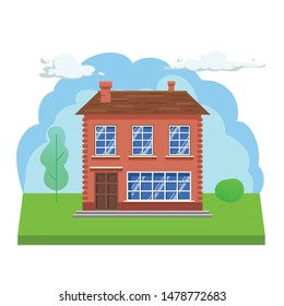 Flat town house illustration. Front view of cottage with trees and clouds. Modern apartment building vector illustration. 