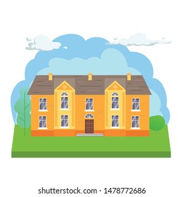 Flat town house illustration. Front view of cottage with trees and clouds. Modern cottage building vector illustration. 