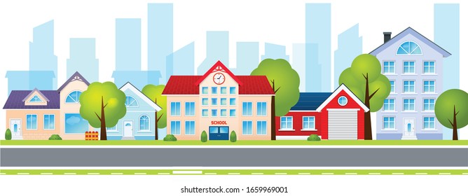 Flat town vector illustration, skyline city office buildings,school, family houses, road in small town and mountain with green trees in background.