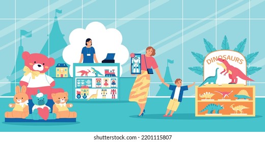 Flat toy store interior with stuffed animals dinosaurs mum with son and smiling shop assistant vector illustration