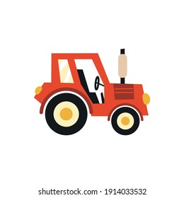 Flat tractor on white background. Red tractor icon - vector illustration. Agricultural tractor - transport for farm in flat style. Farm tractor icon. 