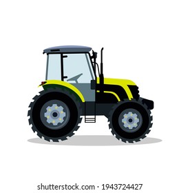 Flat tractor on a white background. Light green tractor icon - vector illustration. Agricultural tractor - farm transport in flat style. Farm tractor icon illustration