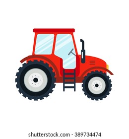 Flat tractor on white background. Red tractor icon - vector illustration. Agricultural tractor - transport for farm in flat style. Farm tractor icon. Tractor icon vector illustration.