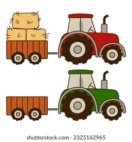 Flat tractor. Red and green tractor icon. Vector illustration isolated on a white background. Agricultural transport for farm with bales of hay.