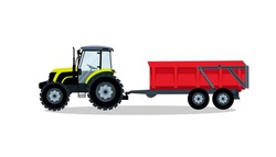 Flat Tractor With Trailer On A White Background. Light Green Tractor Icon - Vector Illustration. Agricultural Tractor - Farm Transport In Flat Style. Farm Tractor With Waggon Icon Illustration.