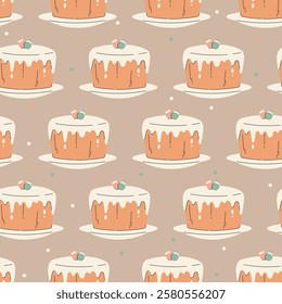 Flat traditional Easter cake with white icing and decorative eggs on top. Vector seamless pattern. Simple design and warm pastel colors create a festive and cozy holiday atmosphere.