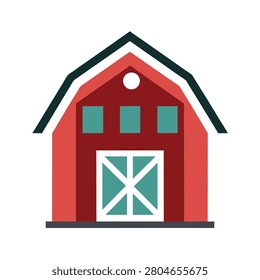 Flat of a traditional red farm barn with teal windows and a white cross-braced door on white background