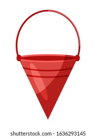 Flat traditional red fire cone-shaped metal bucket isolated on white. Firefighting equipment using for prevent, extinguish, combat flame. Fireman steel tool. Vector cartoon illustration