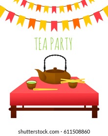 Flat traditional tea party template with teapot bowls spoons on table and festive garland isolated vector illustration