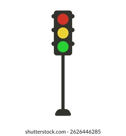 Flaches Ampelsymbol mit schwarzem Körper und hellroten, gelben und grünen Kreisen auf vertikalem Pol