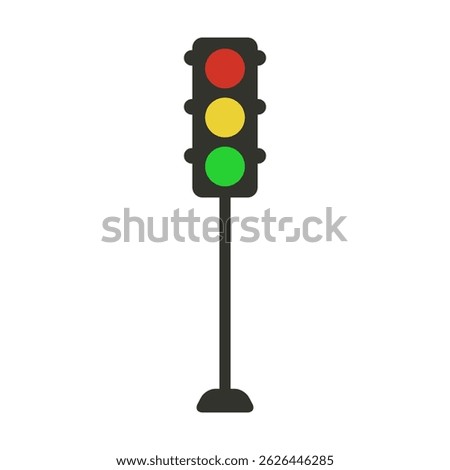 Flat traffic light icon with black body and bright red, yellow, and green circles on vertical pole