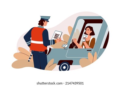 Flat traffic police inspector check digital driver licence of young woman, scan QR code with phone. Traffic officer scanning electronic driving document with smartphone app. Policeman control of car.