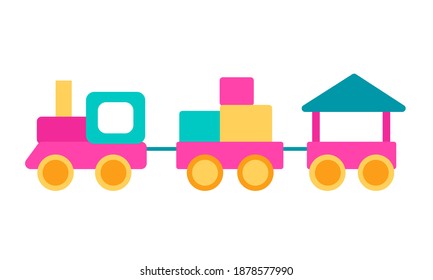 Flat train. Cute vector toy transport illustration isolated on white background. Сartoon vehicle toy element  for kids. Design colorful objects, clipart in bright color: pink, yellow, blue. Eps10
