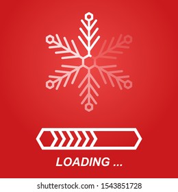 flat transparent white snowflake as loader indicator with loading bar progress, winter stock vector illustration clip art icon, design element on red background