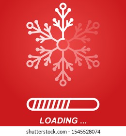 flat transparent white snowflake as loader indicator with loading bar progress, winter stock vector illustration clip art icon, design element on red background