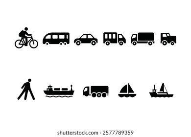 Flat Transport Icons: A collection of transportation icons, such as walking, cycling, motorbike, train, car, bus, truck, airplane, and ship, for delivery services.

