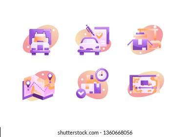 Flat transport logistics icon set with car, map, box, mark. Concept collection modern symbols for cargo delivery, internet, ad, web. Pixel perfect. Vector illustration.