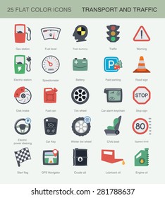 Flat transport and traffic icons set