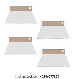 Flat trapezoidal construction metal spatula for laying tiles with a wooden handle
