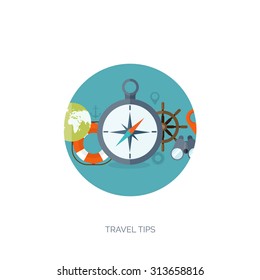 Flat travel background. Summer holidays, vacation. Plane, boat, car traveling. Tourism, trip and journey.