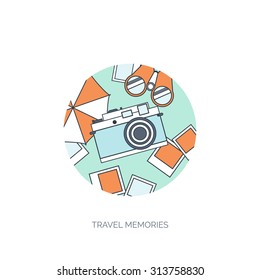 Flat travel background. Summer holidays, vacation. Plane, boat, car traveling. Tourism, trip and journey. Photography.
