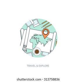 Flat travel background. Summer holidays, vacation. Plane, boat, car traveling. Tourism, trip and journey.