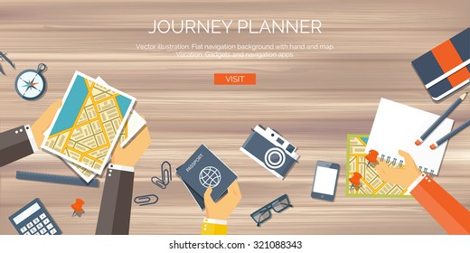 Flat travel background. Summer holidays. Vacation. Exploring. Navigation.