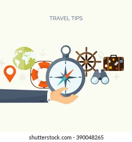 Flat travel background. Summer holidays, vacation. Plane, boat, car  traveling. Tourism, trip, journey.