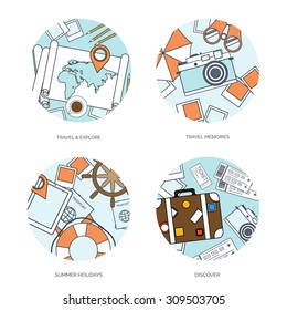 Flat travel background. Vector illustration. Summer holidays. Tourism. Holiday trip.