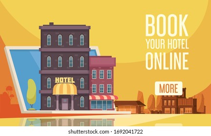 Composición del albergue con reserva de viajes plana y reserva online de tu hotel y más botones vectorial Ilustración con botones