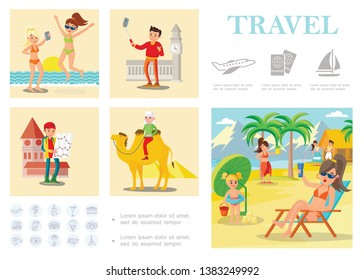 Flat travel colorful composition with beach vacation man riding camel tourists near world sights vector illustration
